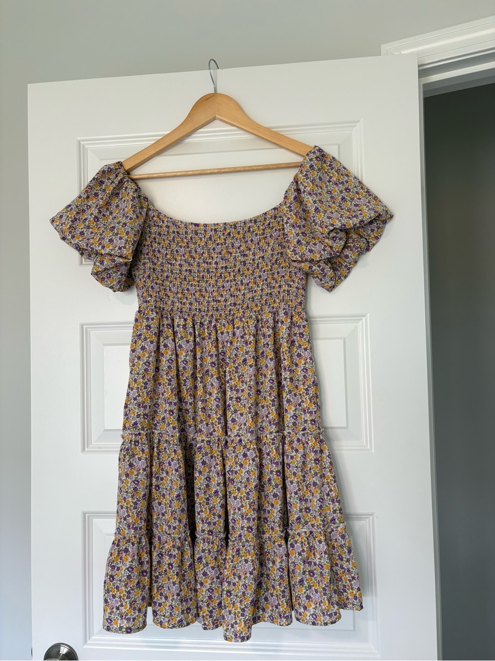 Floral Smocked Mini Dress in Yellow and Purple Picnic Spring Dress Size Large